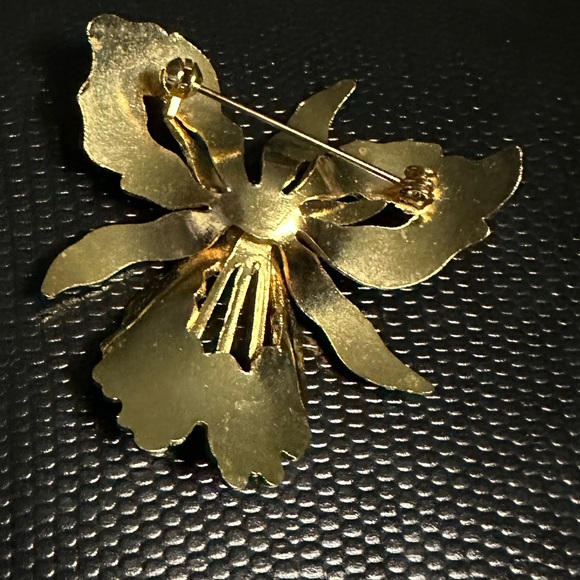 Vintage gold-plated burgundy/blue cloisonne enamel orchid broach - Picture 7 of 10